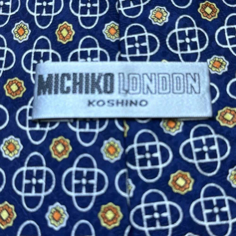 Michiko London Koshino Navy Blue Floral Geometric Silk Men's Necktie Avant-Garde